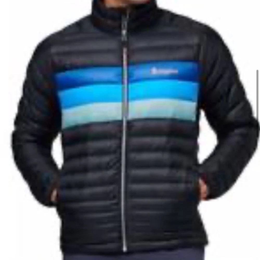 NWT Fuego Down Jacket 800 Down Fill Black/Pacific Strip Sz Men’s XS